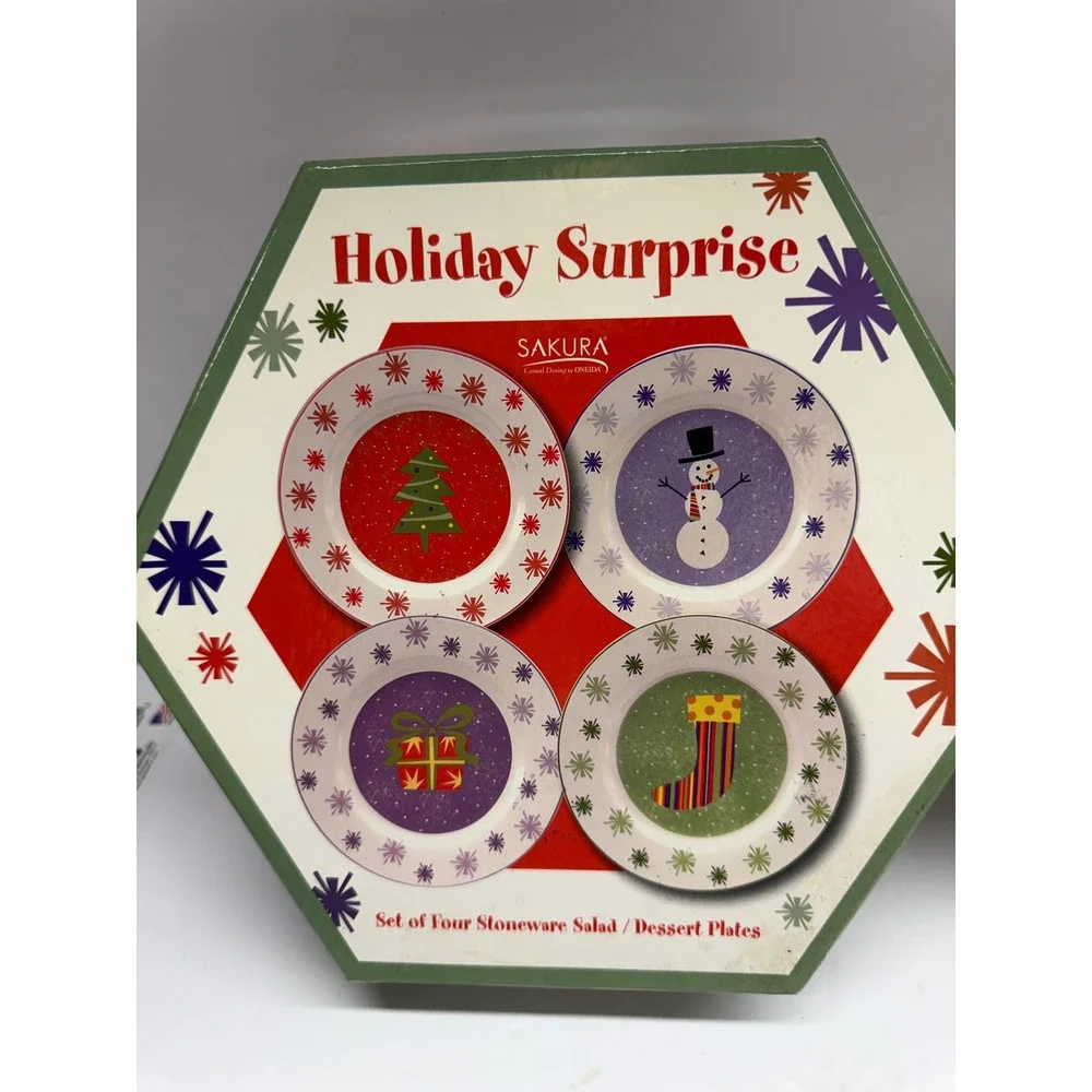 Sakura Holiday Surprise Stoneware Salad Dessert Plates Set of 8 Oneida Christmas